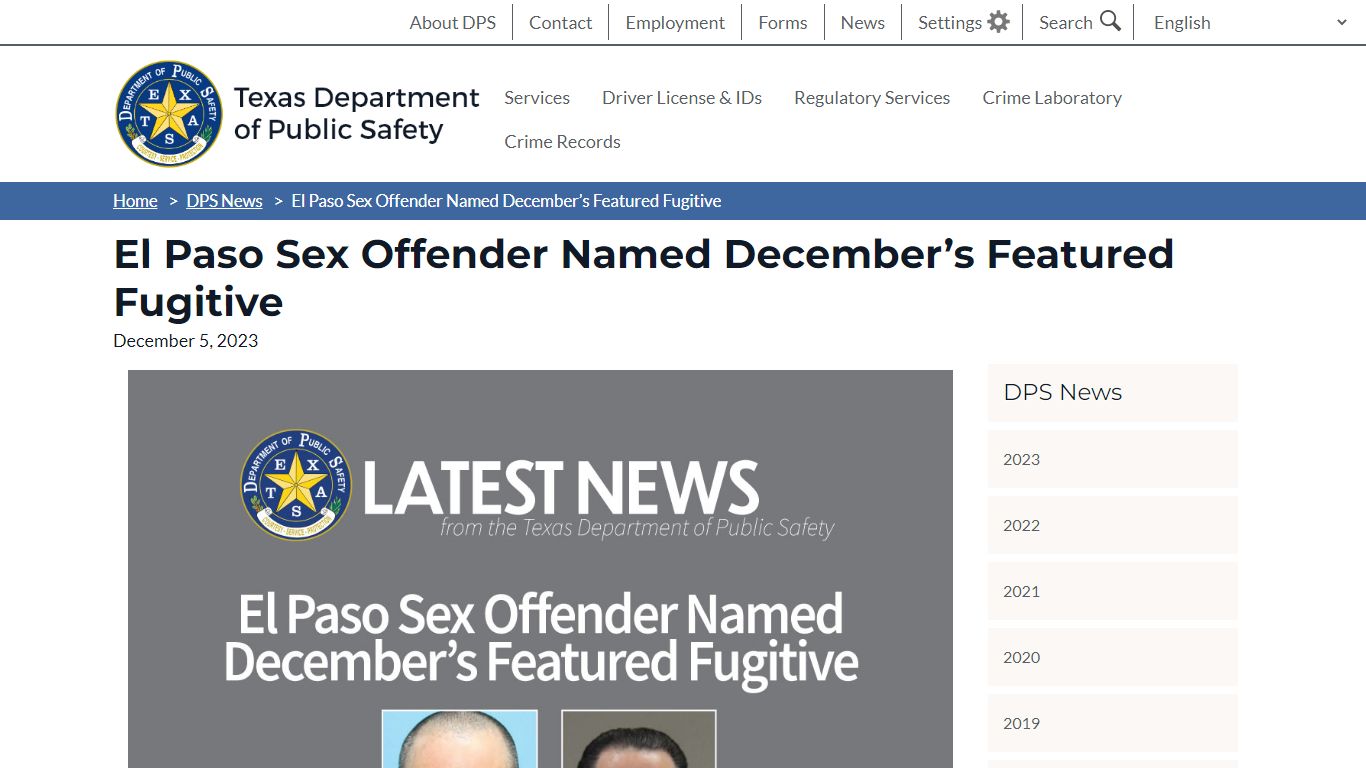 El Paso Sex Offender Named December’s Featured Fugitive
